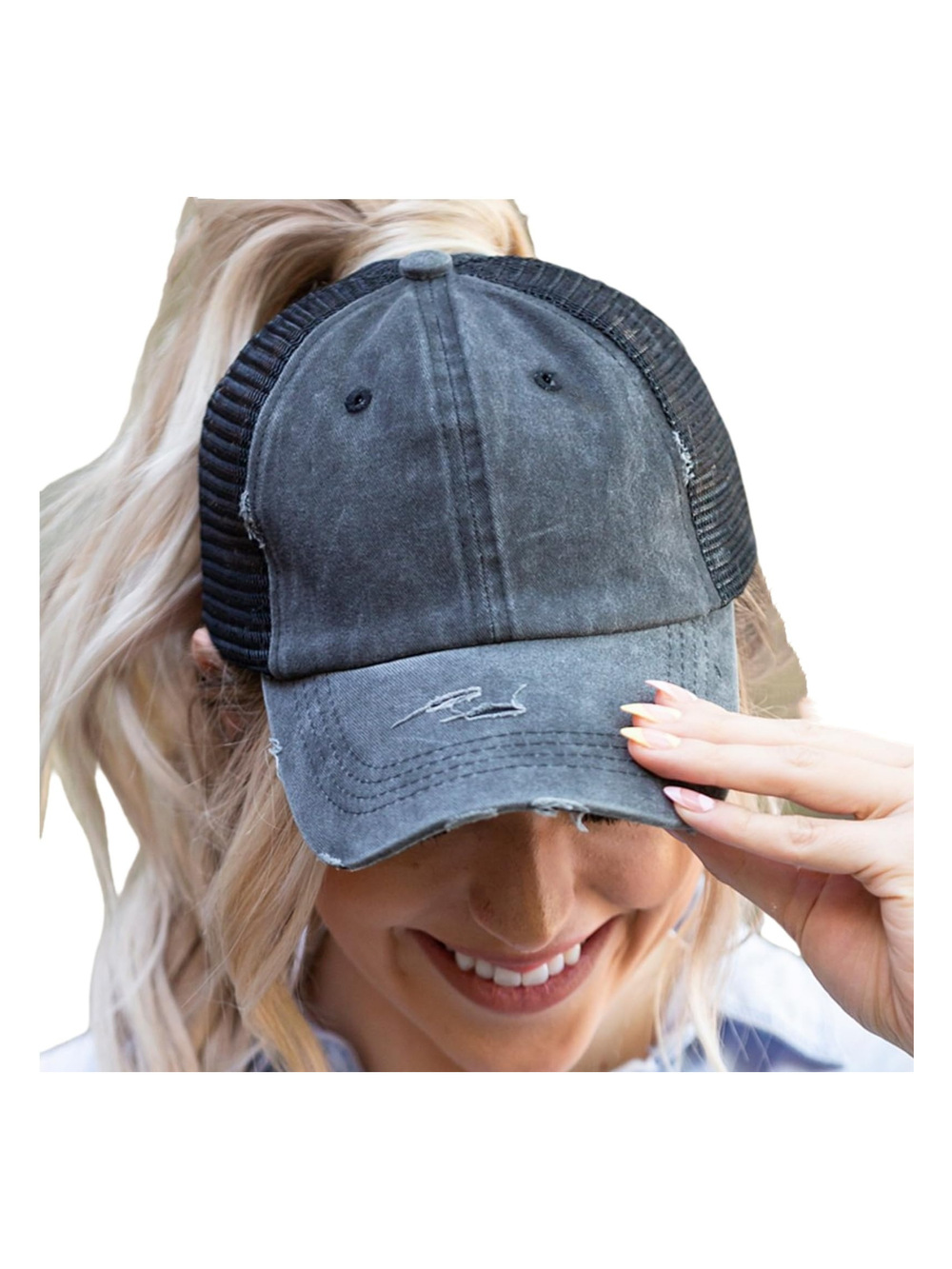 Womens High Ponytail Messy Bun Baseball Caps Distressed | Black | Size OS
